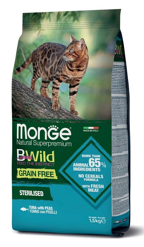 Monge B Wild Grain Free Sterilised Con Tonno e Piselli Cibo Secco Gatti Sterilizzati Sacco 1,5Kg
