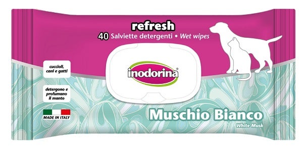 Salviette Detergenti Inodorina Muschio Bianco per Cani e Gatti 40 Pezzi