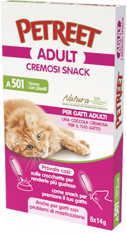 Petreet Adult Cremosi Tonno Pinne Gialle/Piselli Snack Per Gatti Adulti 6x14g