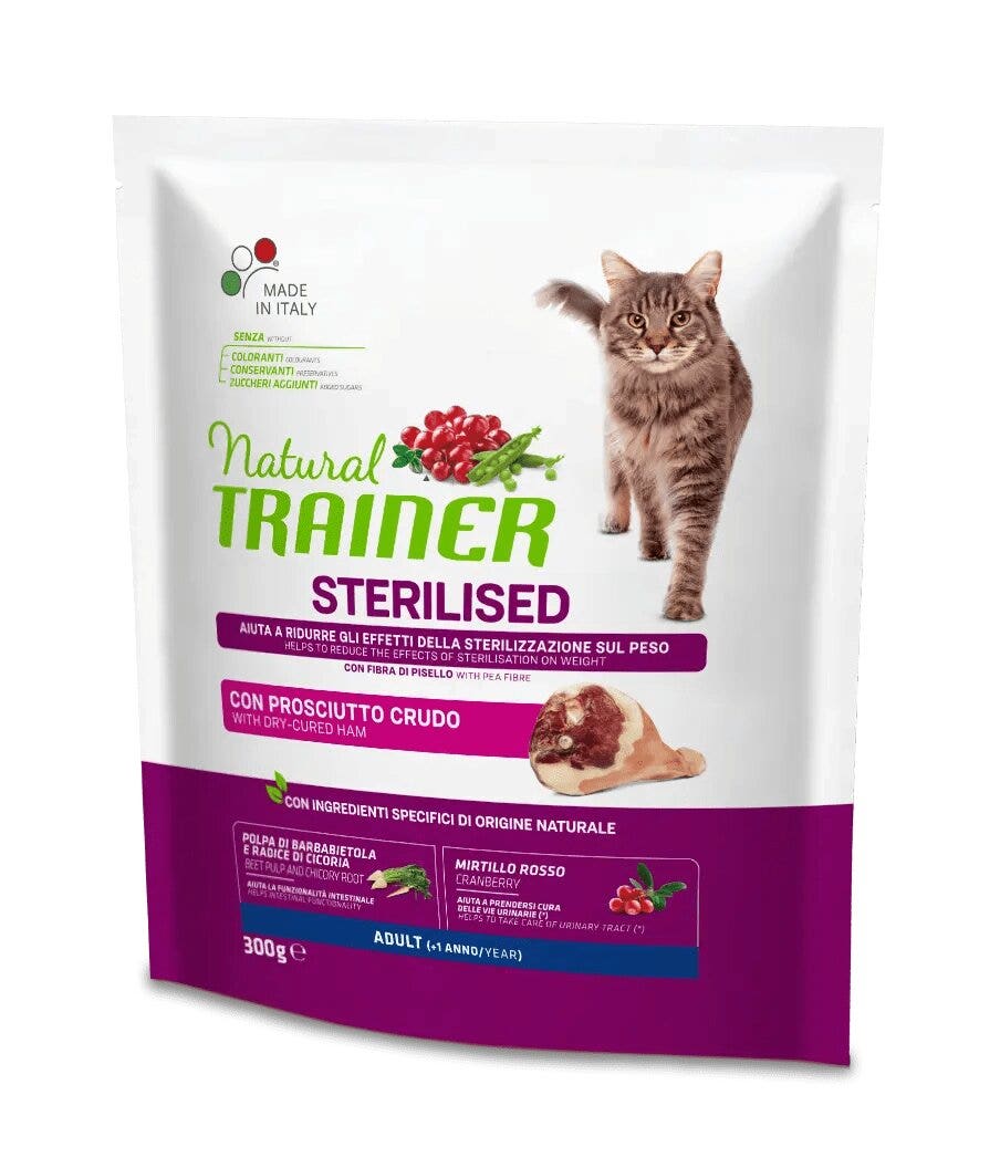 Natural Trainer Crocchette Al Prosciutto Crudo Per Gatti Sterilizzati Sacco 300g