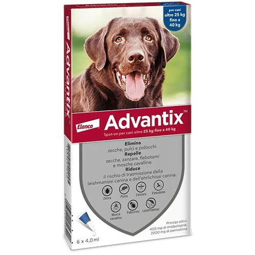Advantix spot-on per cani oltre 25 kg fino a 40 kg - 400 mg + 2.000 mg soluzione spot on per cani da 25 a 40 kg 6 pipette da 4 ml