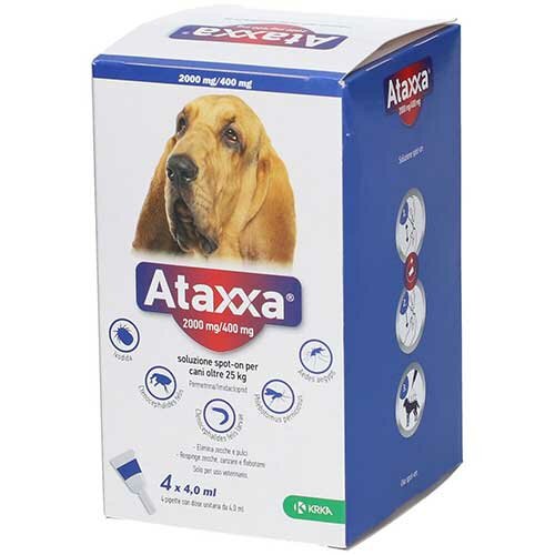 Ataxxa 2000 mg/400 mg soluzione spot-on per cani oltre 25 kg - 2.000 mg + 400 mg soluzione spot on per cani da 25 a 40 kg 4 pipette da 4 ml