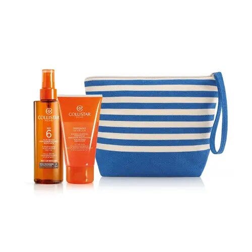Collistar cofanetto olio secco super abbronzante spf6 200ml + shampoo doccia + pochette