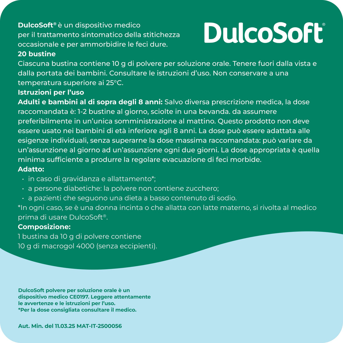 Dulcosoft Polvere per Soluzione Orale Lassativo Macrogol per Stitichezza 20 Bustine