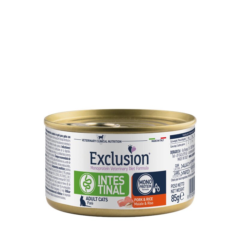 Exclusion monoprotein vet diet intestinal cat pork & rice 85g