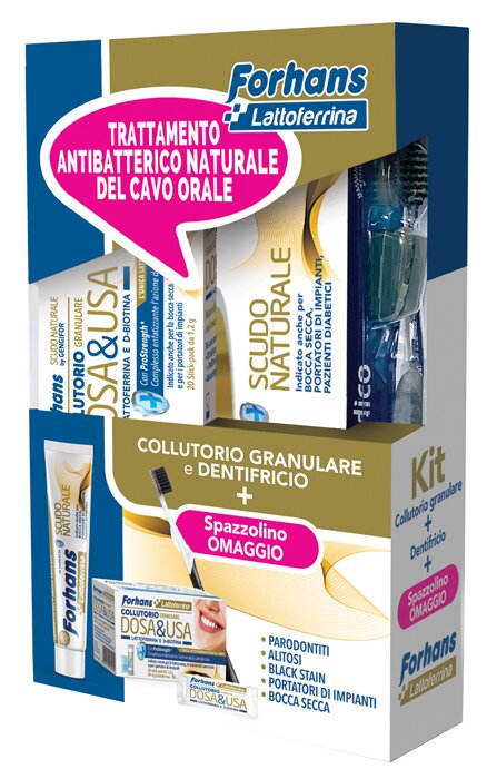 Forhans kit lattoferrina trattamento 1 forhans dentifricio scudo naturale 75 ml + 1 collutorio granulare dosa & usa + 1 spazzolino medico omaggio
