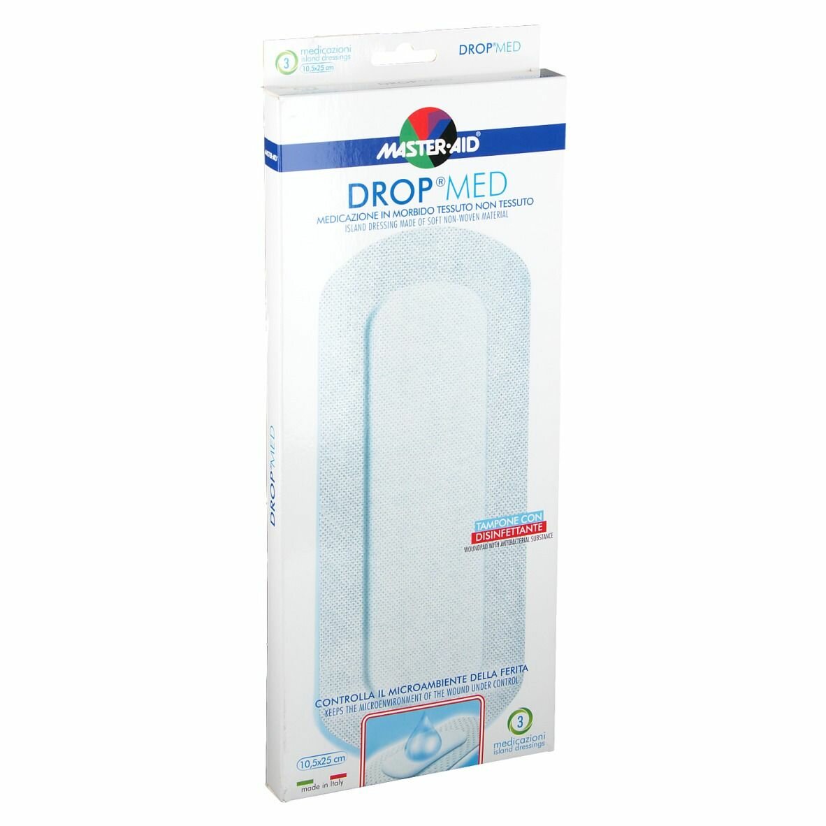 Medicazione compressa autoadesiva dermoattiva ipoallergenicaaerata master-aid drop med 10,5x25 3 pezzi