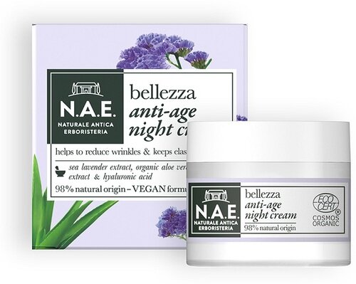 Nae crema notte anti eta' bellezza crema viso antirughe estratto lavanda mare estratto aloe vera biologica acido ialuronico formula vegana 50 ml