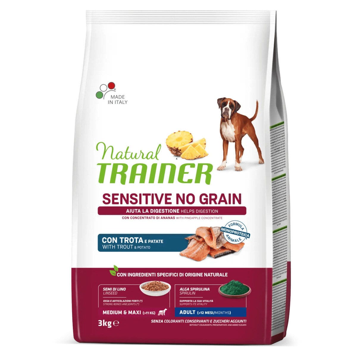 Natural trainer sensitive no grain medium & maxi adult con trota per cani adulti 3kg