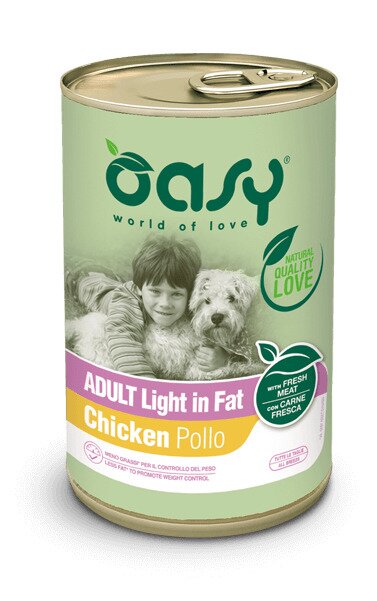Oasy wet dog lifestage patè pollo cibo umido cani adulti in sovrappeso lattina 400g