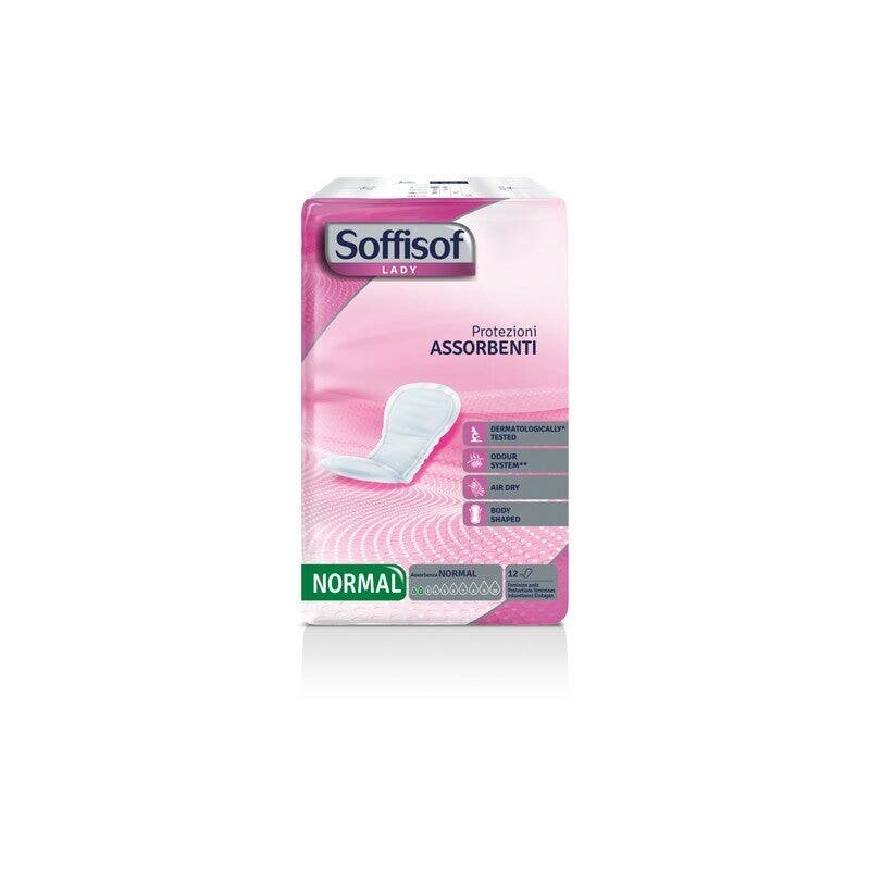 Pannolone per incontinenza con protezioni discrete morbide e anatomiche con nucleo super assorbente e uno speciale filtrante esterno traspirante soffisof lady normale 12 pezzi