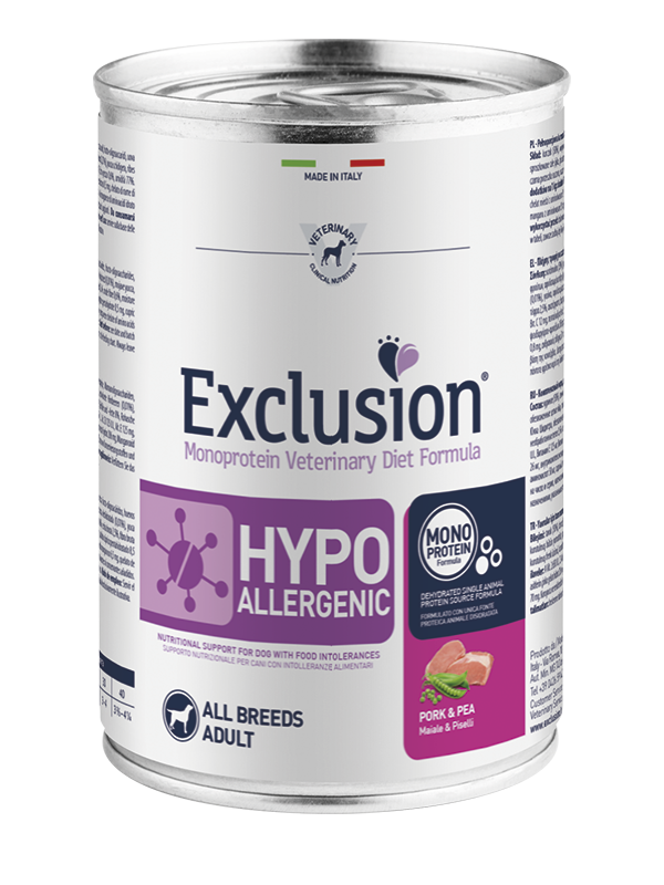 Exclusion Veterinary Diet Formula Hypoallergenic Per Cani Maiale/Piselli Lattina 400g